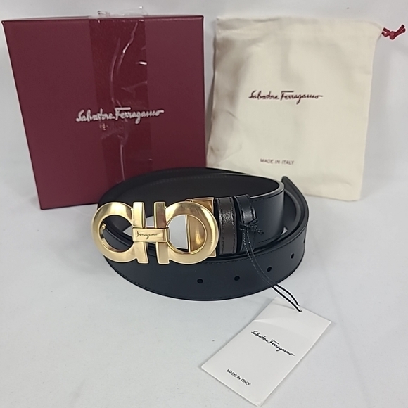 NWT Salvatore Ferragamo Adjustable Double Gancini Belt Black Brown Sz 100 US 34